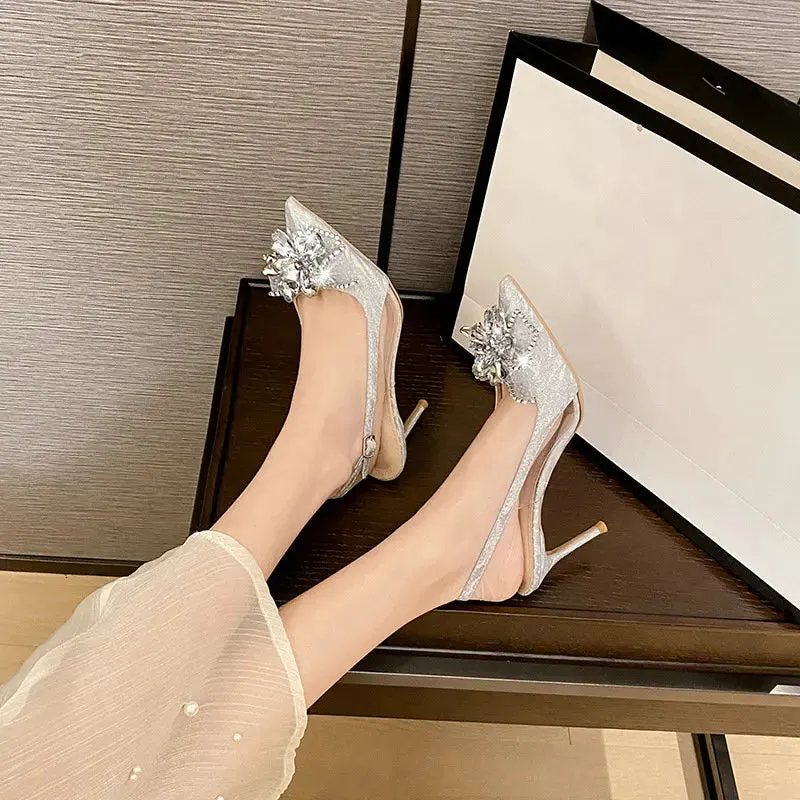 Pointy Girl Design Temperament Sandals Rhinestone Sequin French Cinderella Wedding Shoes Women Silver Heels