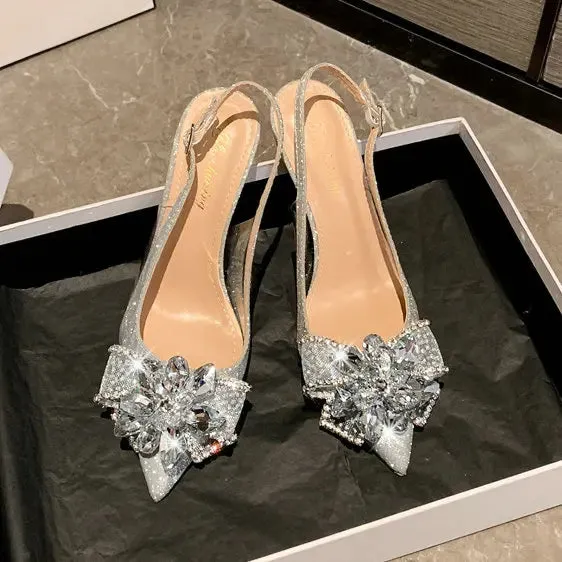 Pointy Girl Design Temperament Sandals Rhinestone Sequin French Cinderella Wedding Shoes Women Silver Heels