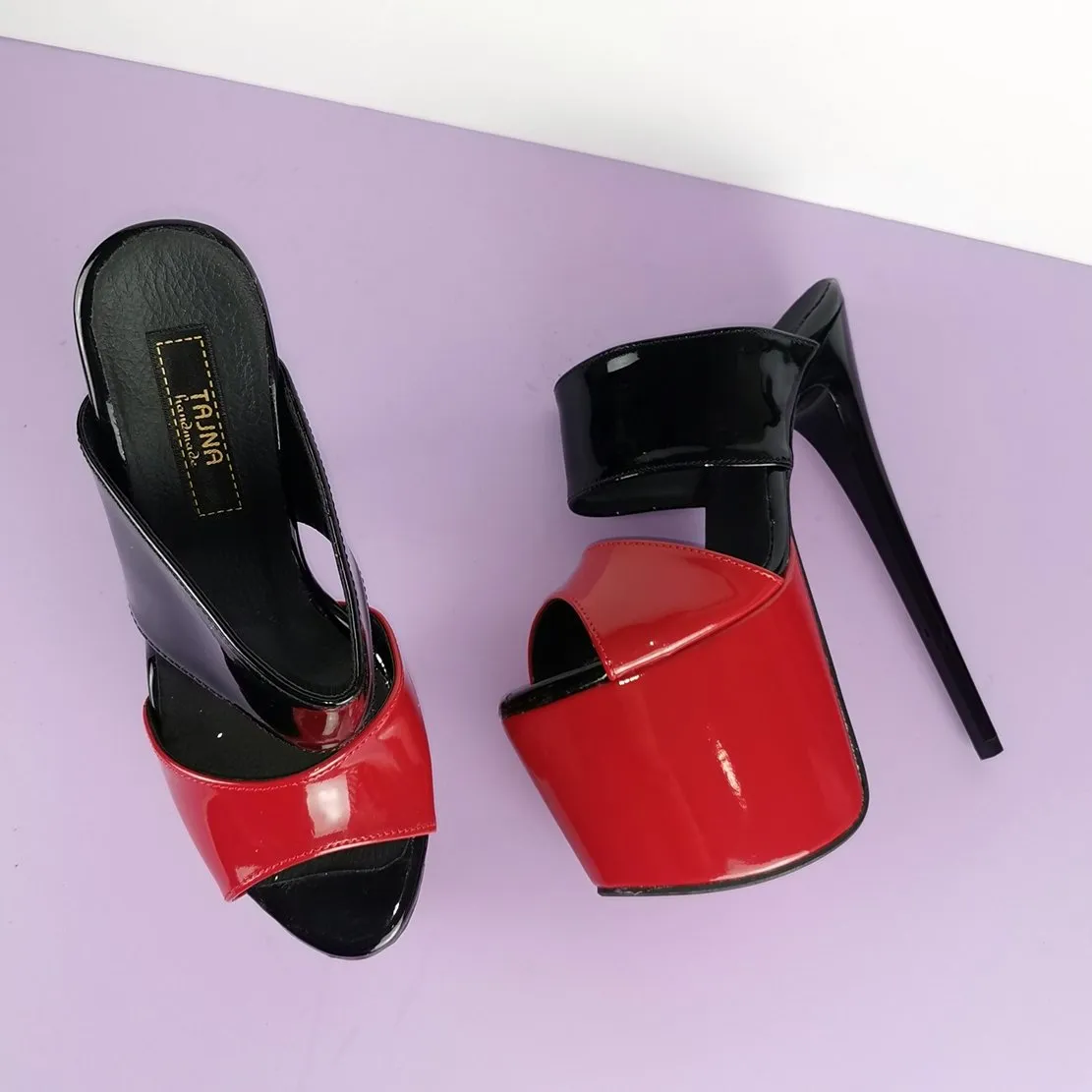 Red Black Patent Platform Mules