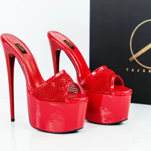 Red Gloss Fishnet High Heel Mules