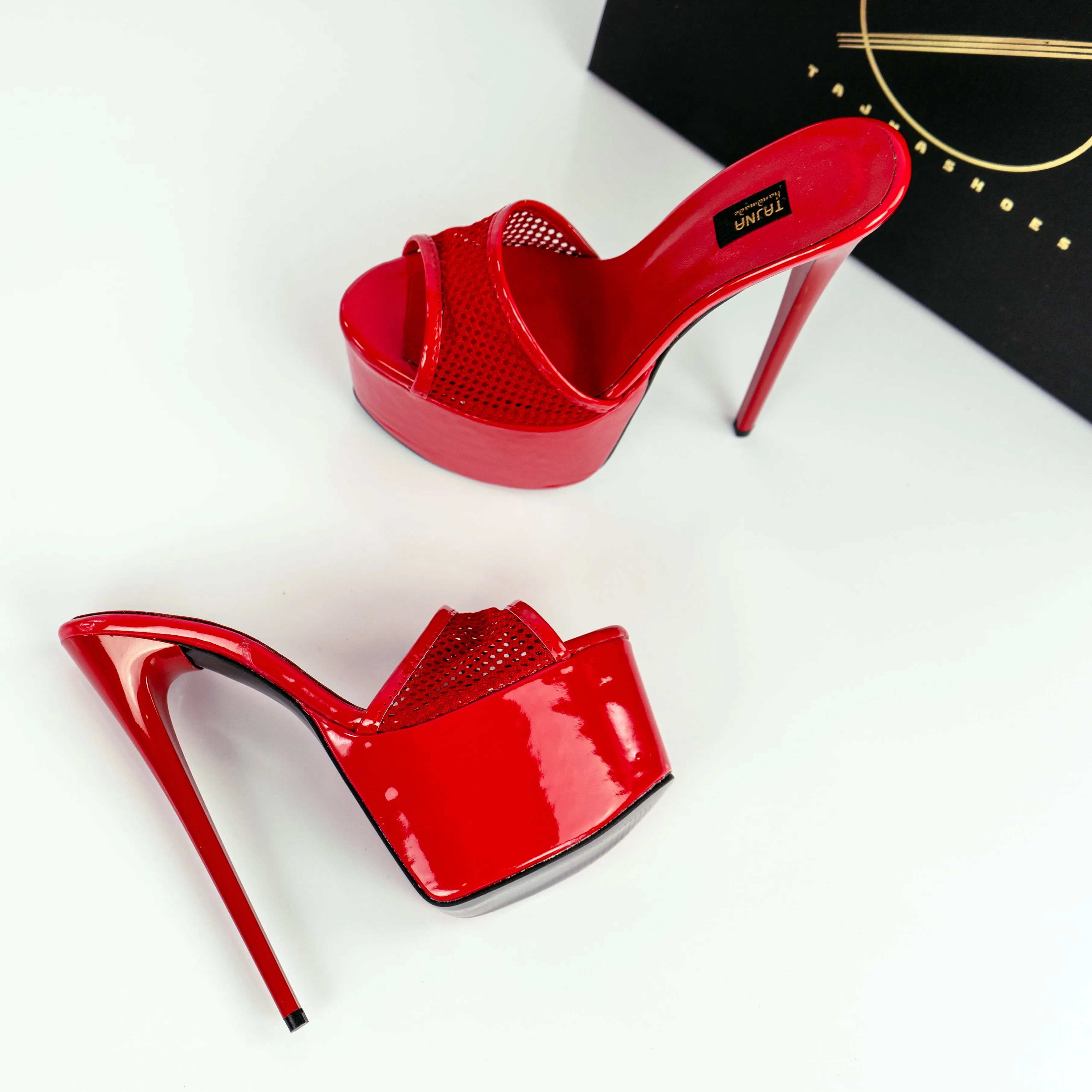 Red Gloss Fishnet High Heel Mules