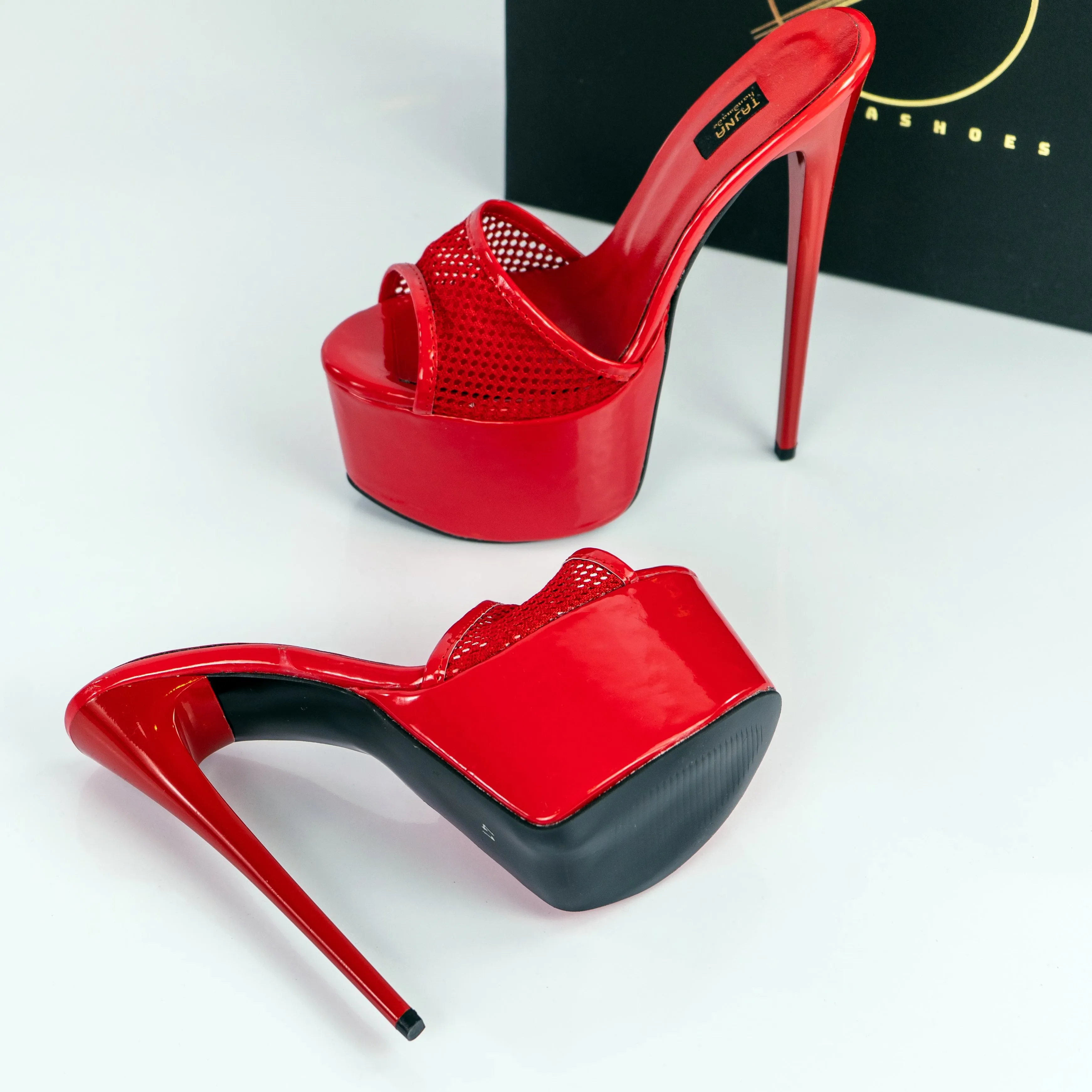 Red Gloss Fishnet High Heel Mules