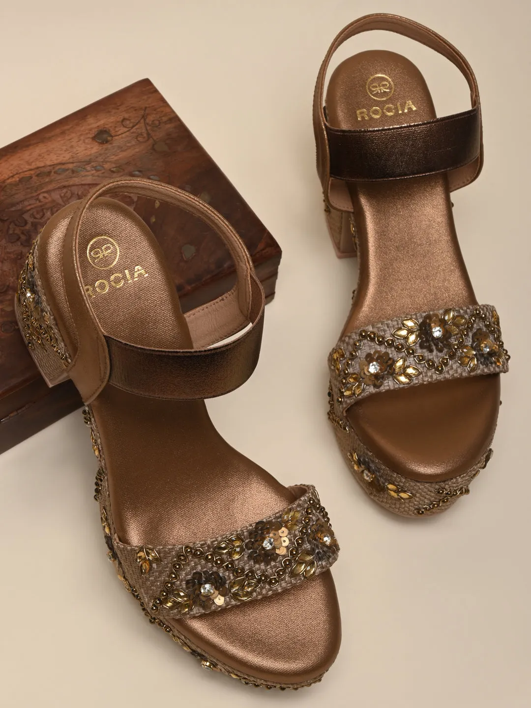 Rocia By Regal Antique Gold Women Embroidered High Heel Platforms