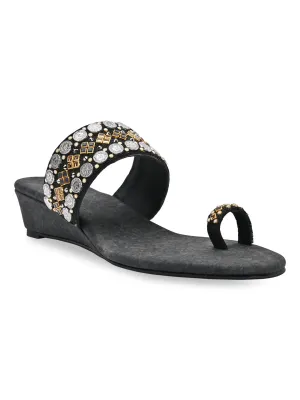Rocia By Regal Black Women Hand Embroidered Ethnic Wedges