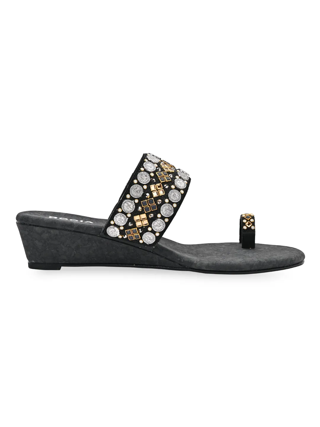 Rocia By Regal Black Women Hand Embroidered Ethnic Wedges