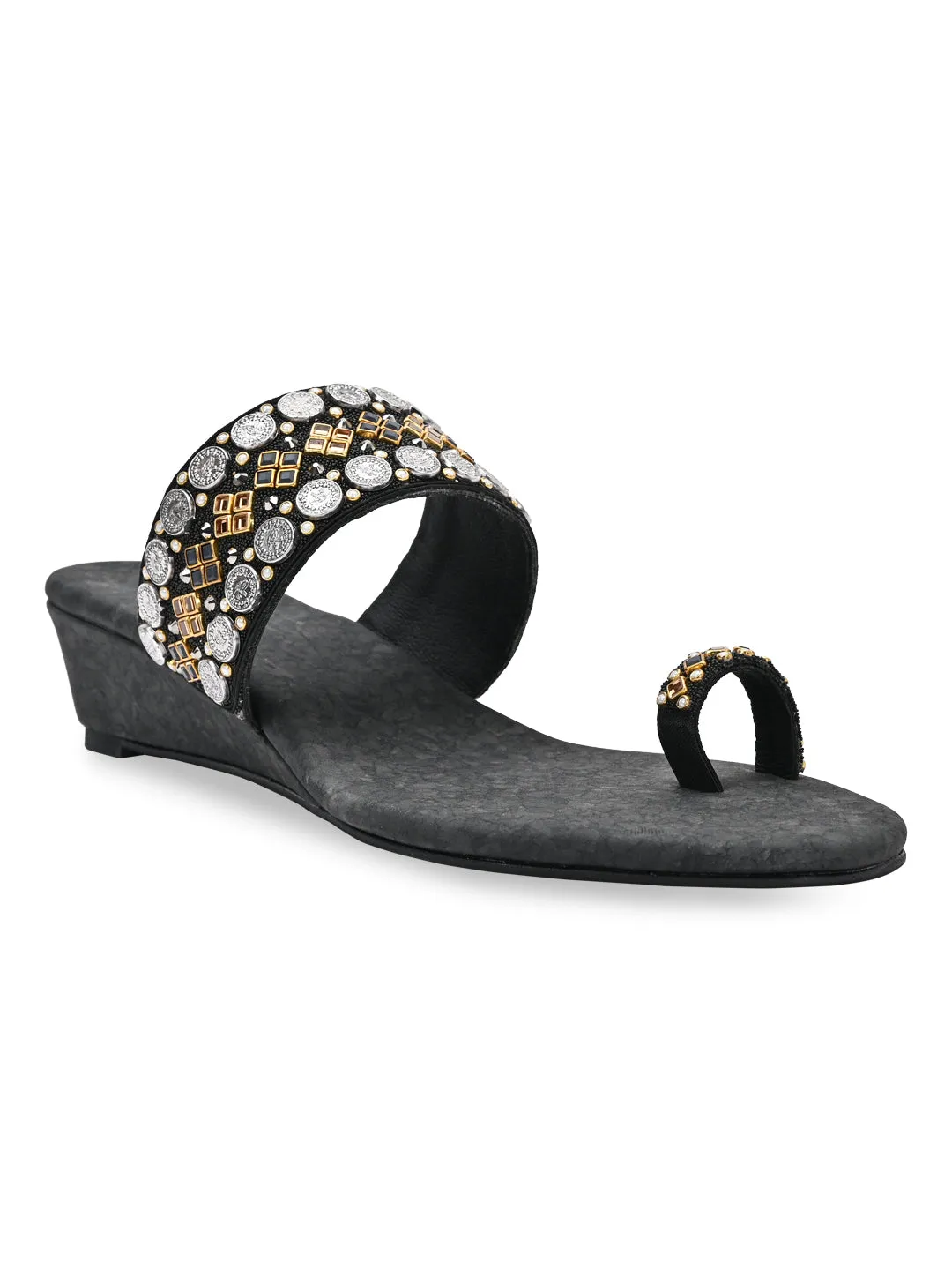 Rocia By Regal Black Women Hand Embroidered Ethnic Wedges