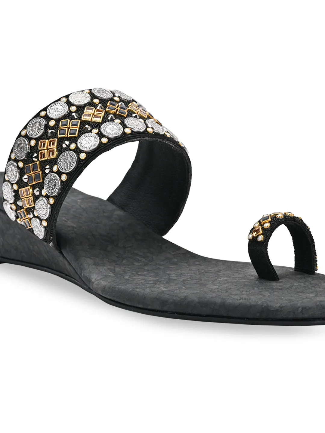 Rocia By Regal Black Women Hand Embroidered Ethnic Wedges
