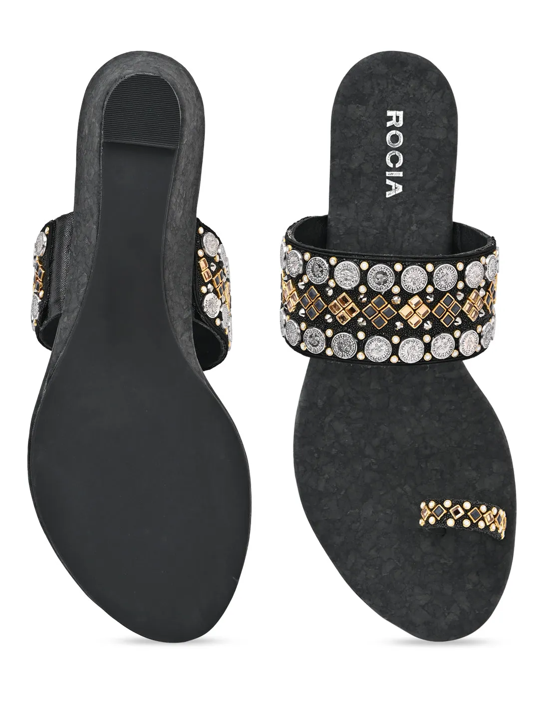 Rocia By Regal Black Women Hand Embroidered Ethnic Wedges