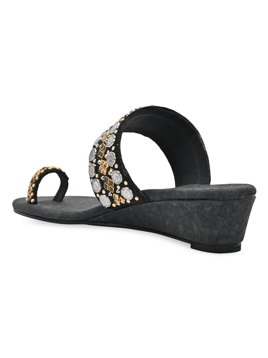 Rocia By Regal Black Women Hand Embroidered Ethnic Wedges
