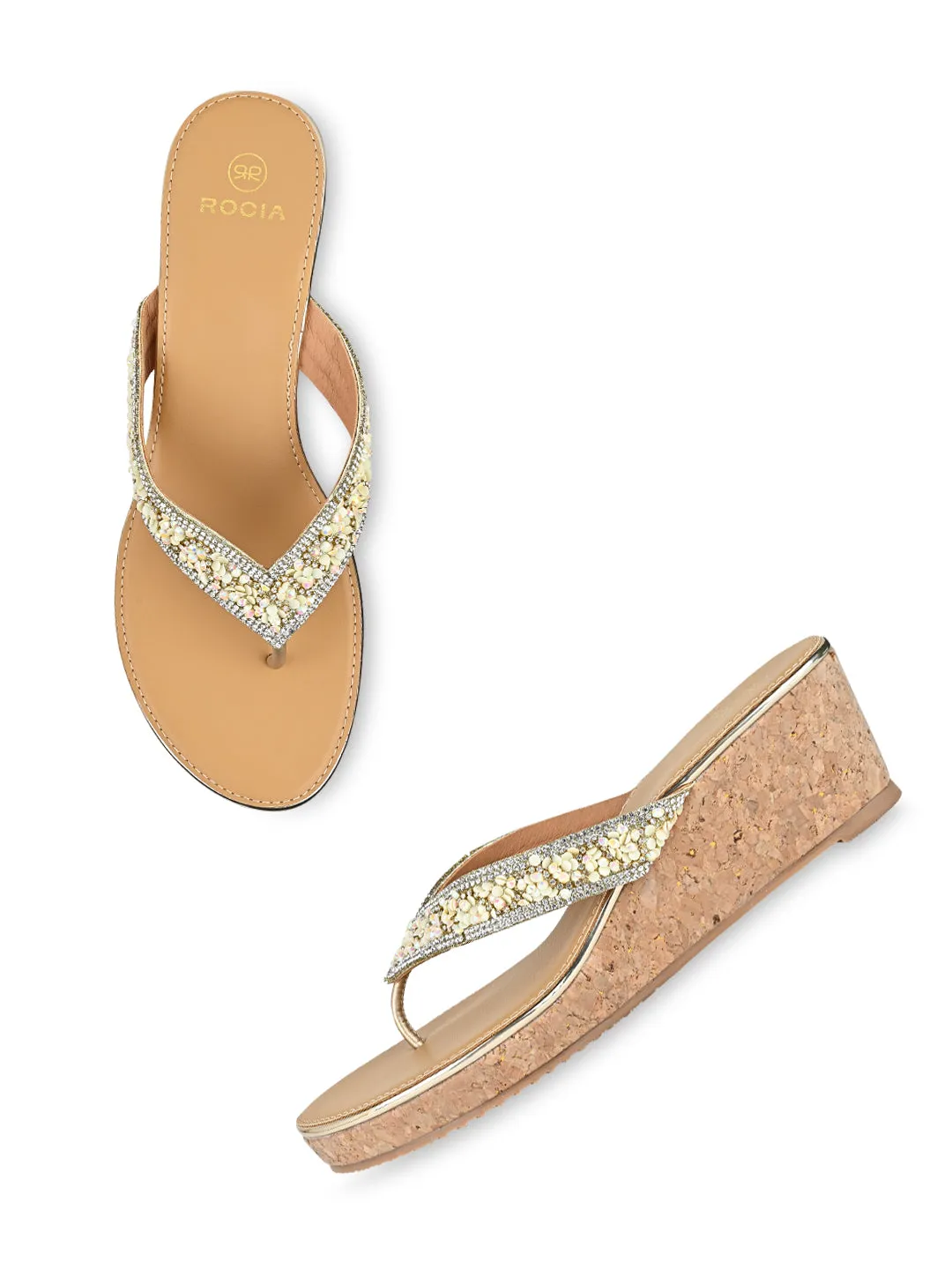Rocia By Regal Gold Women Embroidered Thong Wedges