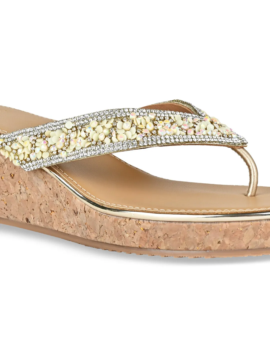 Rocia By Regal Gold Women Embroidered Thong Wedges