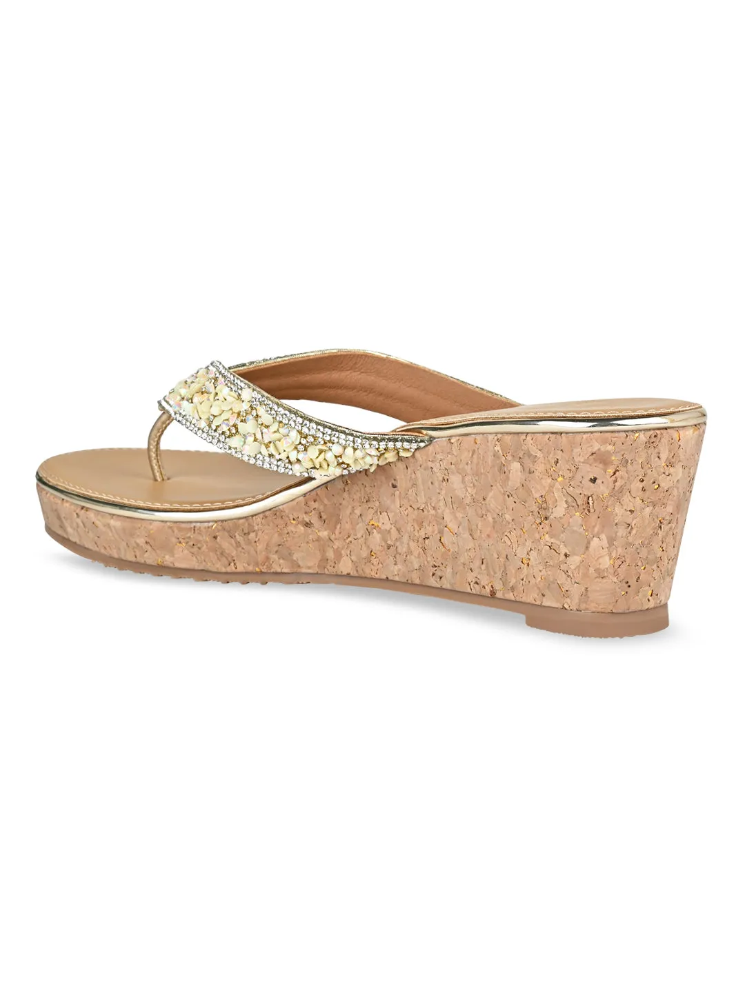 Rocia By Regal Gold Women Embroidered Thong Wedges