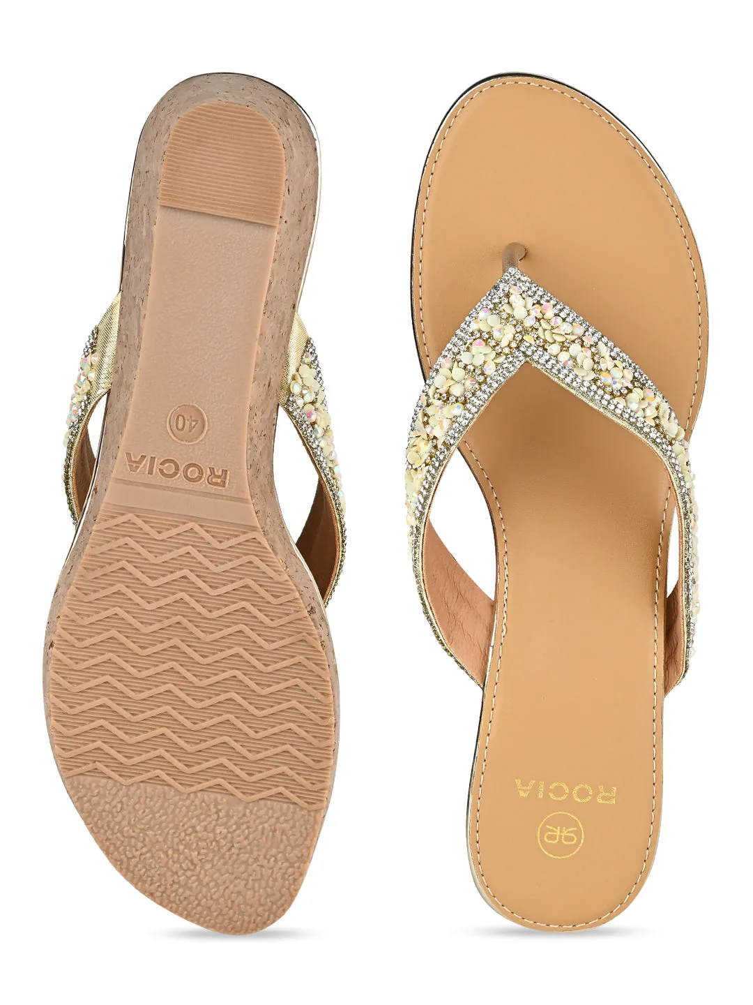 Rocia By Regal Gold Women Embroidered Thong Wedges