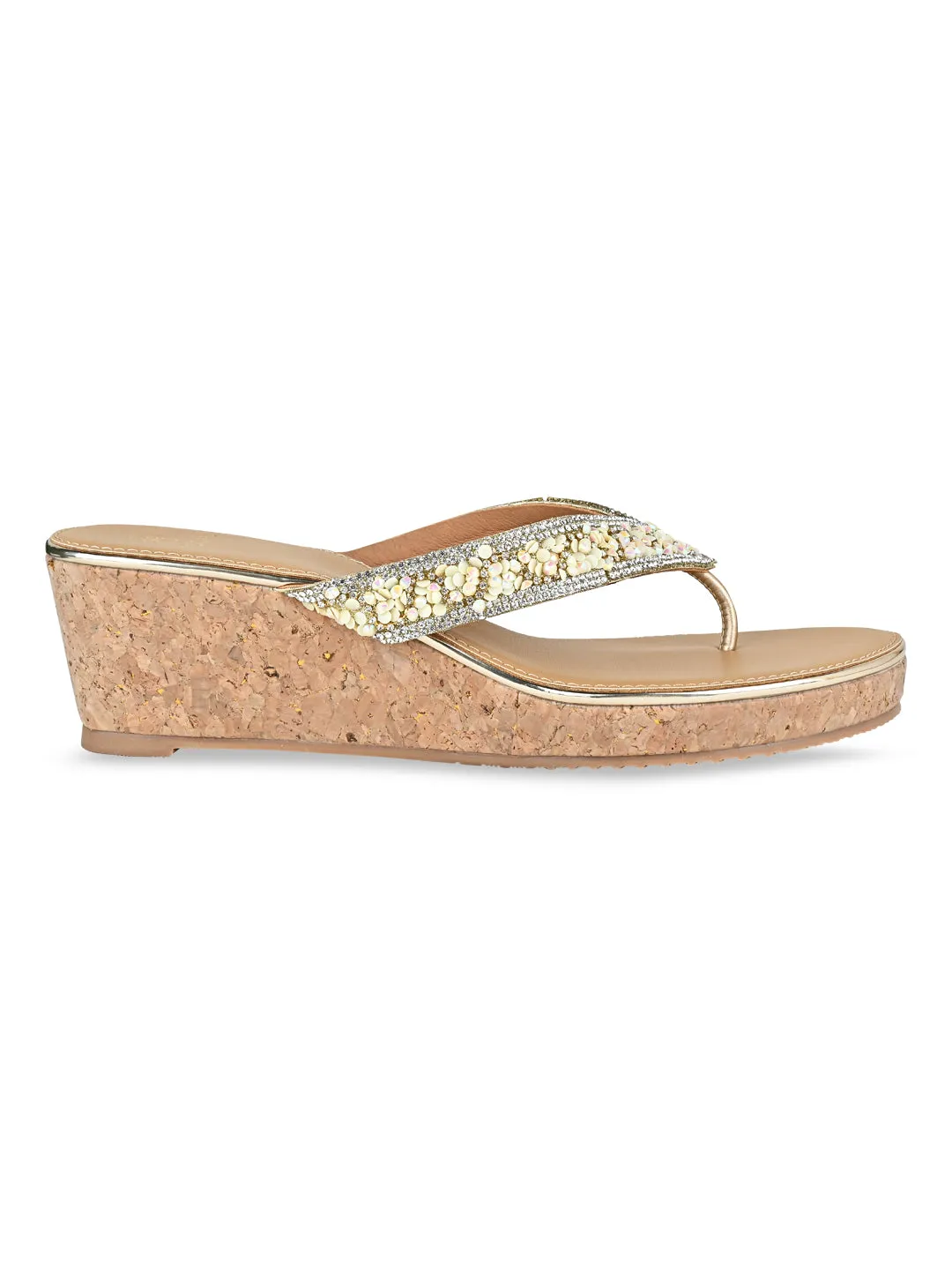 Rocia By Regal Gold Women Embroidered Thong Wedges