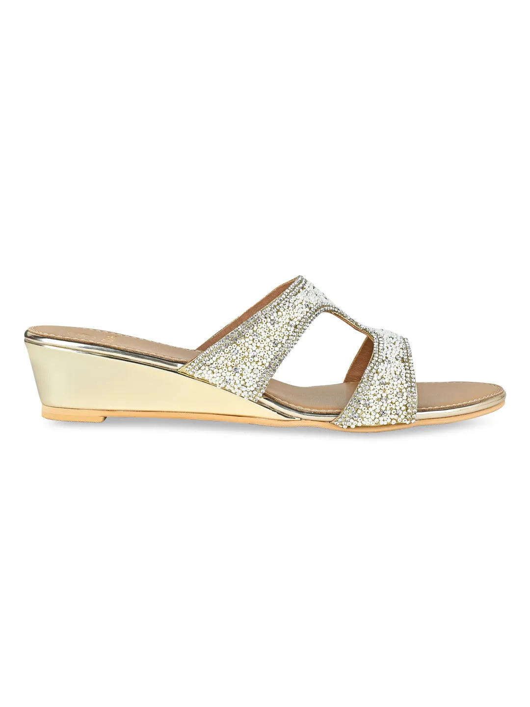 Rocia By Regal Gold Women Hand Embroidered Wedges