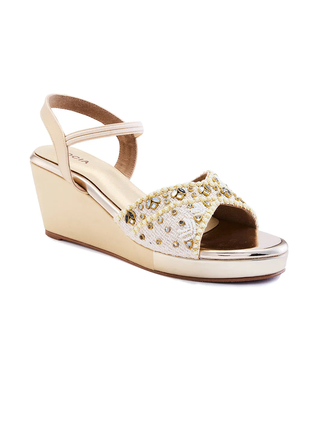Rocia By Regal Gold Women Kundan Work Platform Sandals