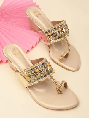 Rocia By Regal Gold Women Mirror Work Kolhapuri Wedges