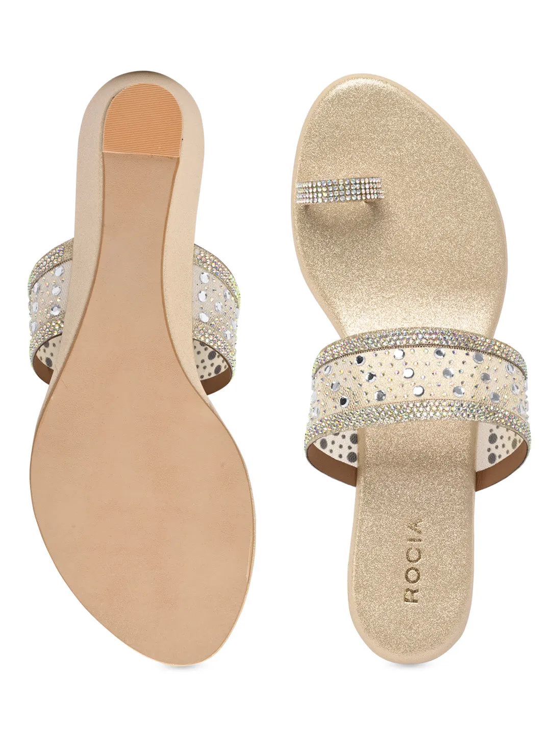Rocia By Regal Gold Women One Toe Diamond On Vinyl Fancy Wedges