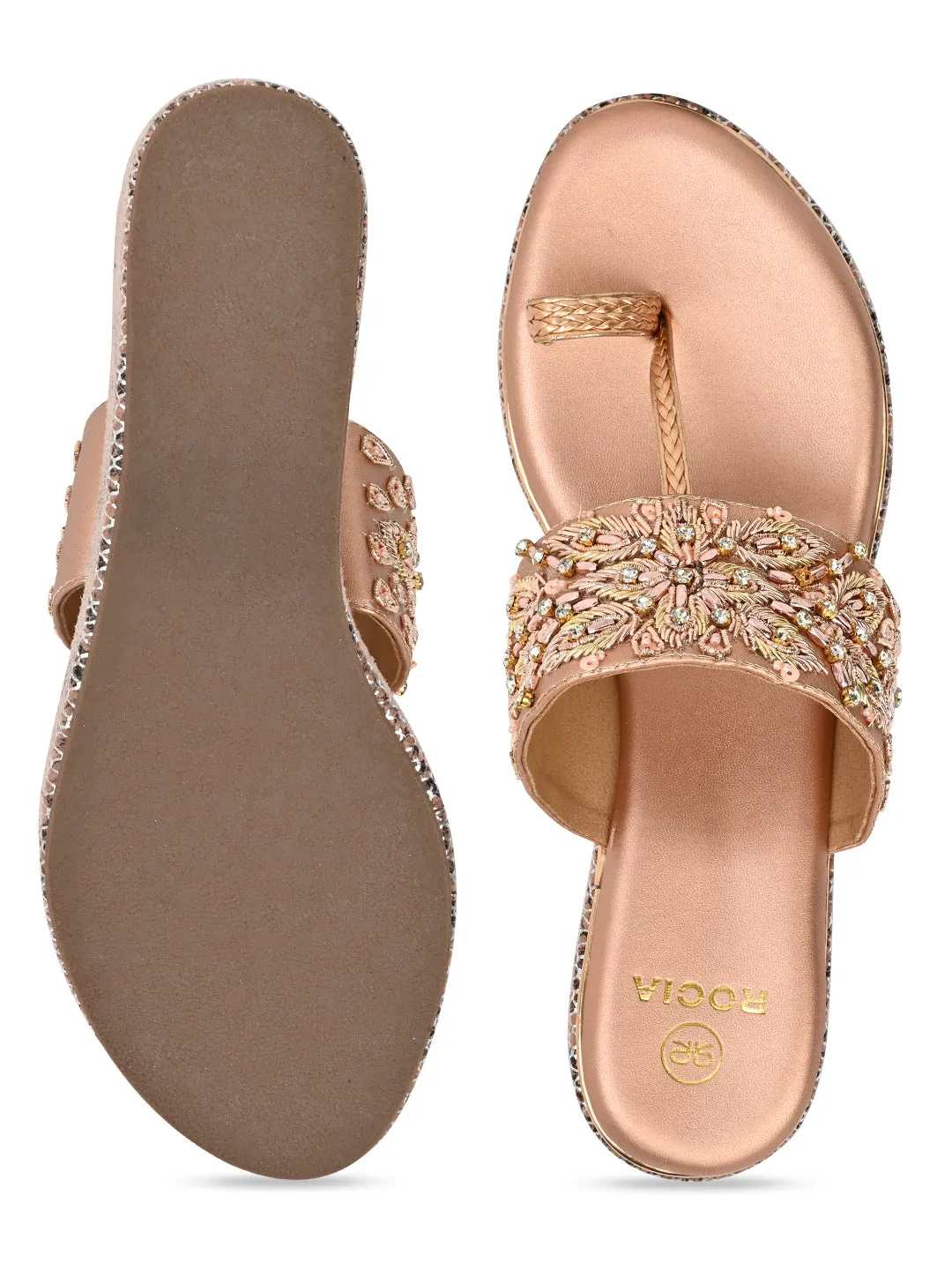 Rocia By Regal Rose Gold Women Hand Embroidered High Wedges