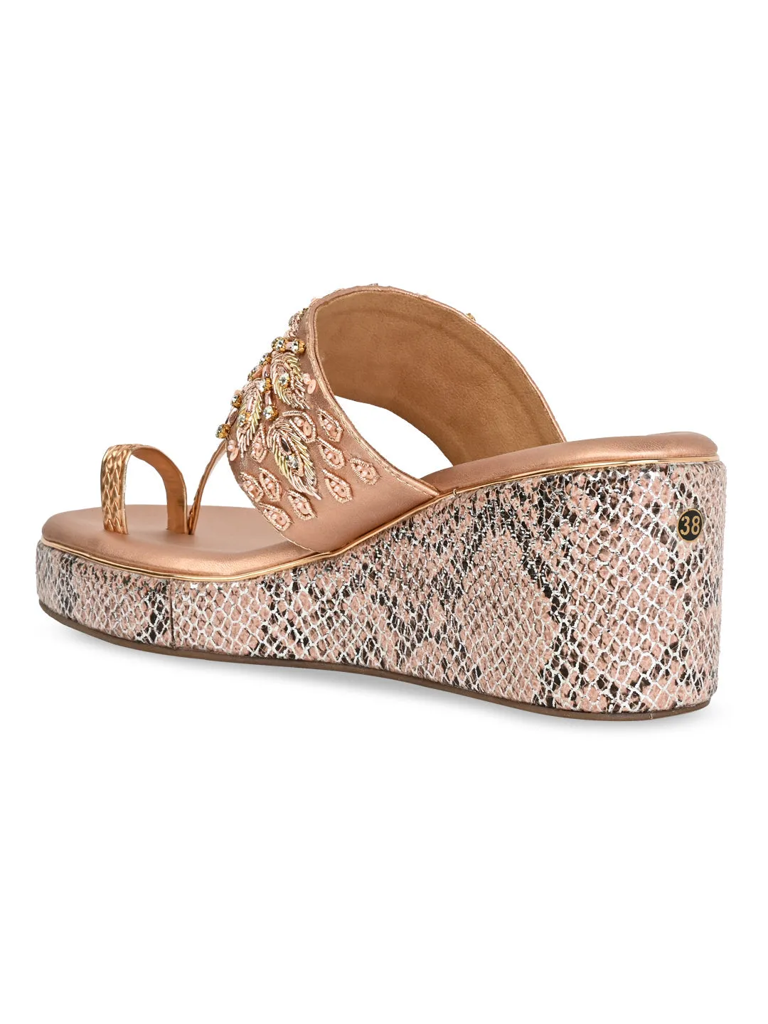 Rocia By Regal Rose Gold Women Hand Embroidered High Wedges