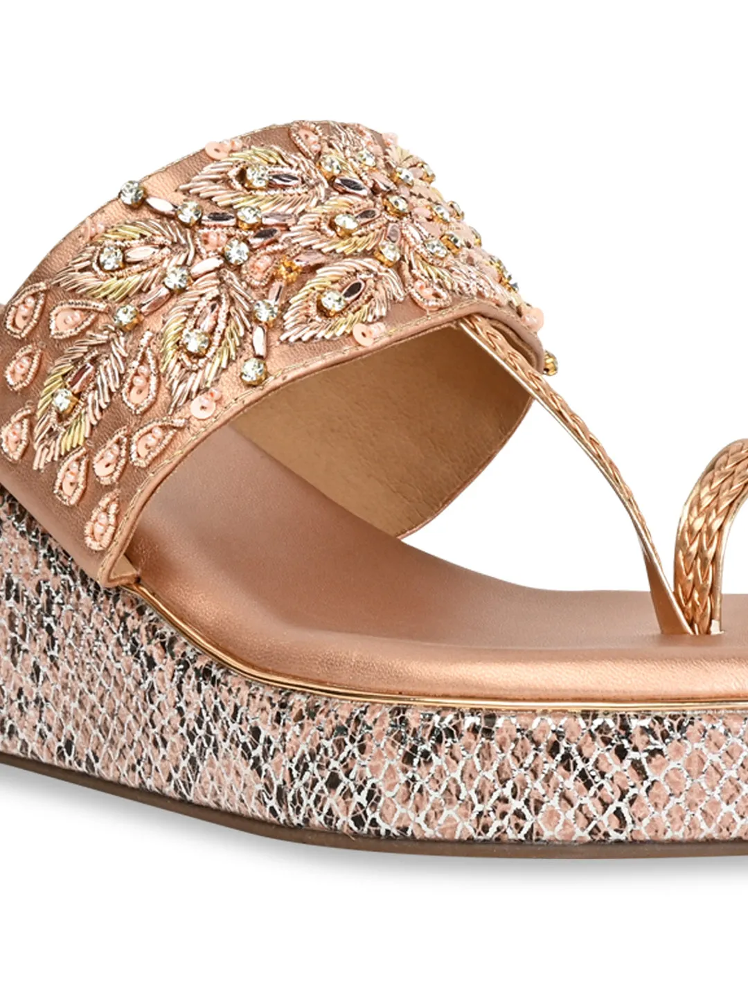 Rocia By Regal Rose Gold Women Hand Embroidered High Wedges