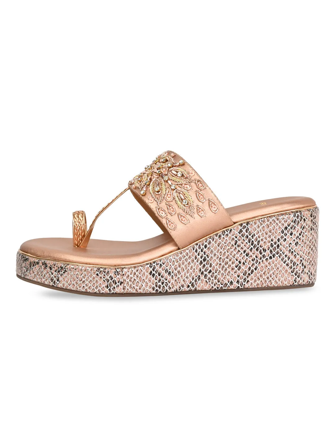 Rocia By Regal Rose Gold Women Hand Embroidered High Wedges