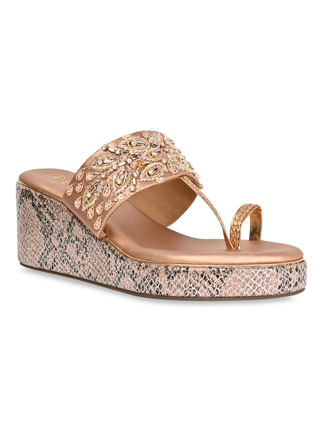 Rocia By Regal Rose Gold Women Hand Embroidered High Wedges