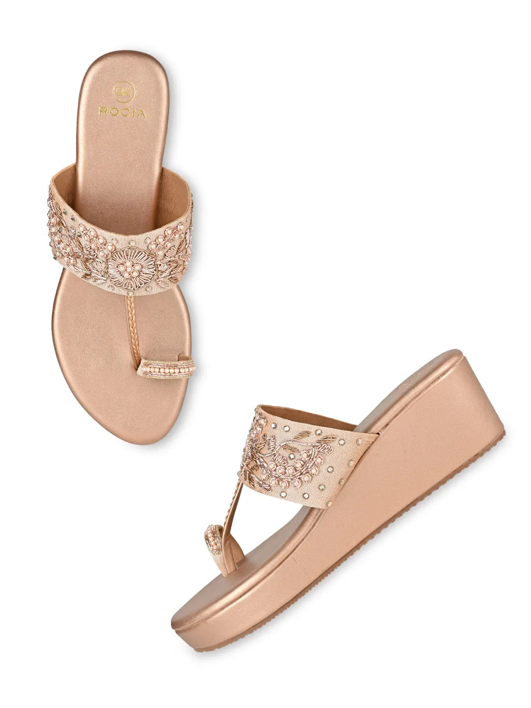 Rocia By Regal Rose Gold Women Hand Embroidered Wedges