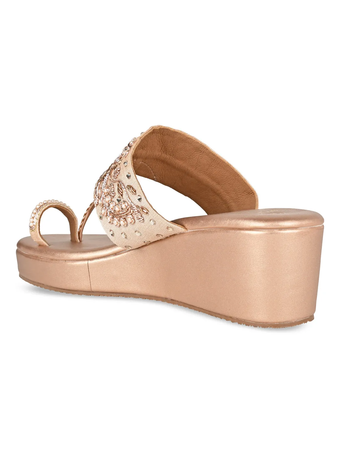 Rocia By Regal Rose Gold Women Hand Embroidered Wedges