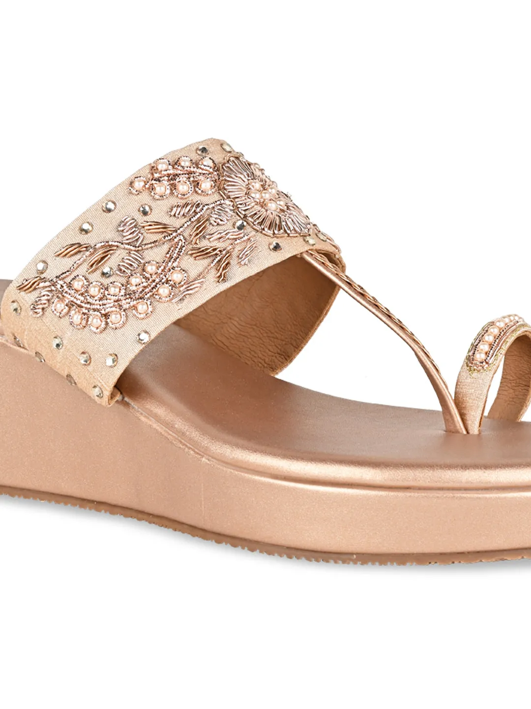Rocia By Regal Rose Gold Women Hand Embroidered Wedges