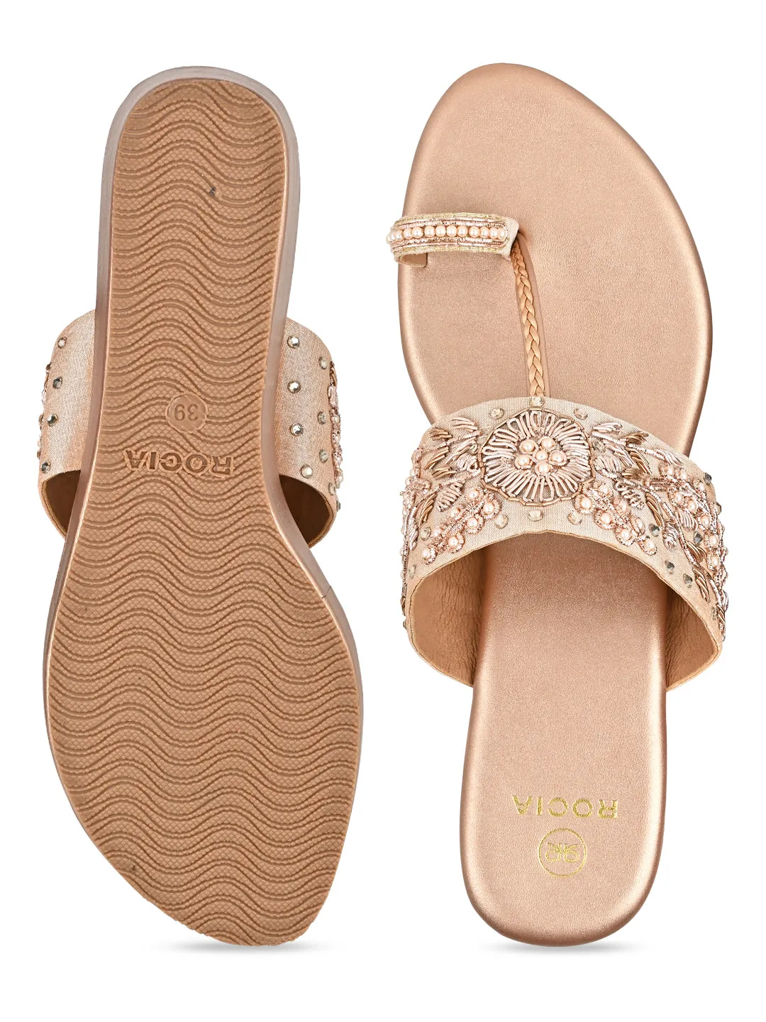 Rocia By Regal Rose Gold Women Hand Embroidered Wedges