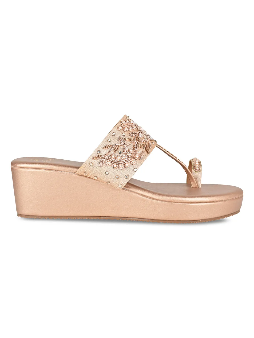 Rocia By Regal Rose Gold Women Hand Embroidered Wedges