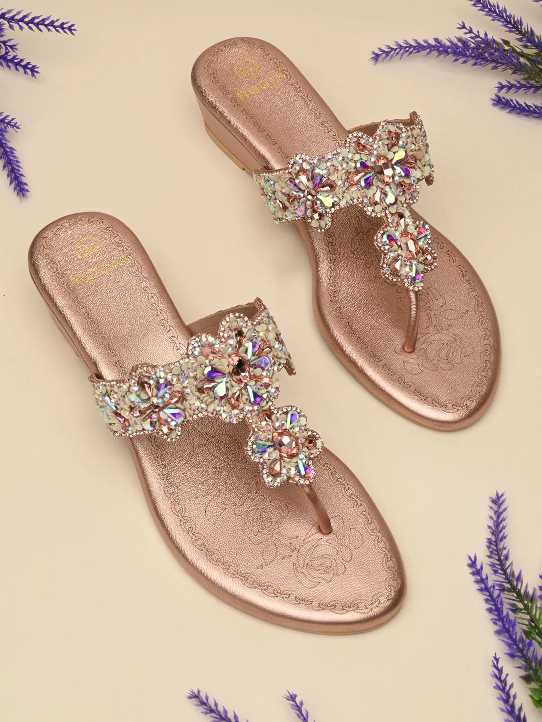 Rocia By Regal Rose Gold Women Heavy Embroidered Small Wedges