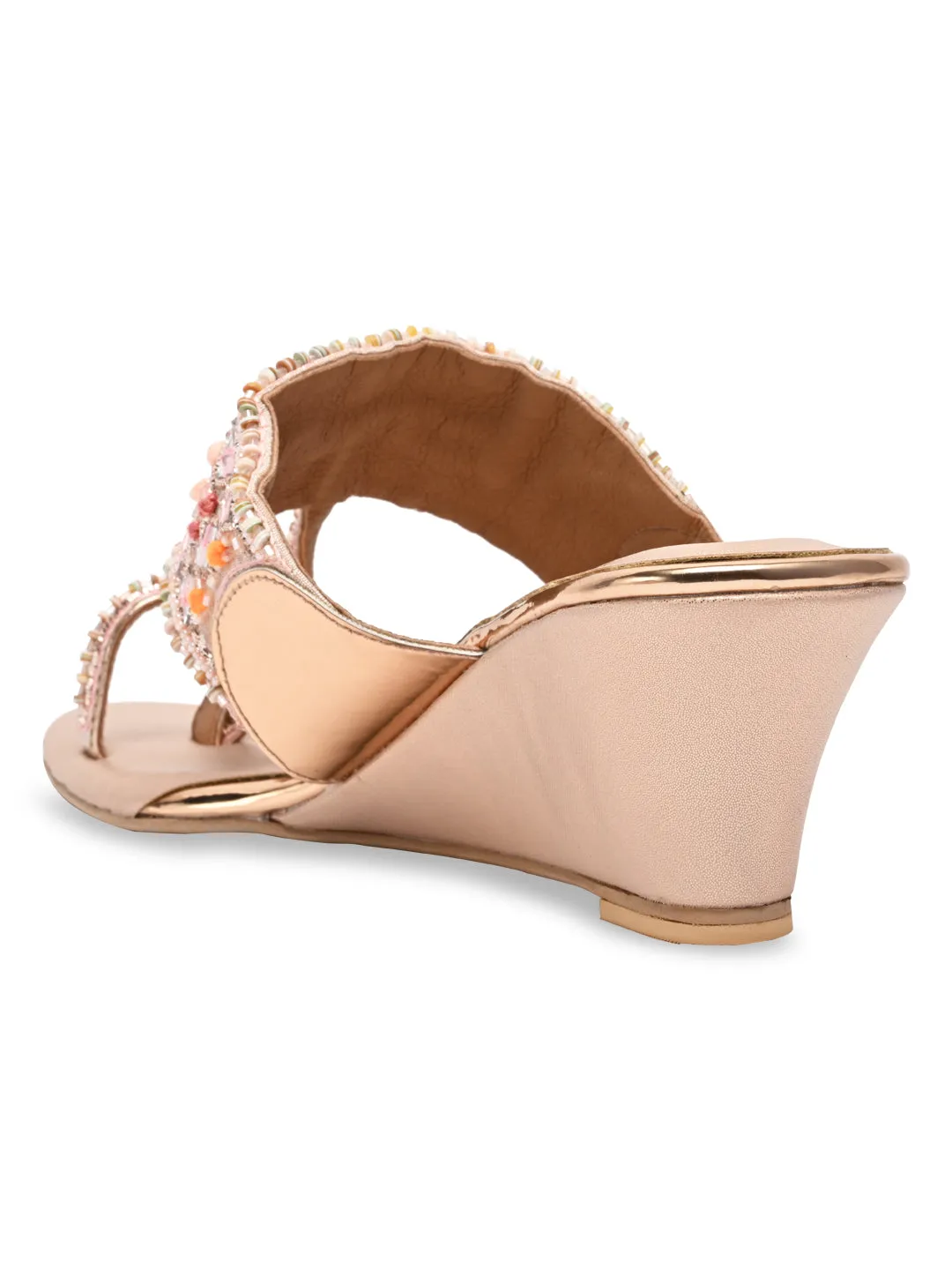 Rocia By Regal Rose Gold Women Mirror Work Kolhapuri Wedges
