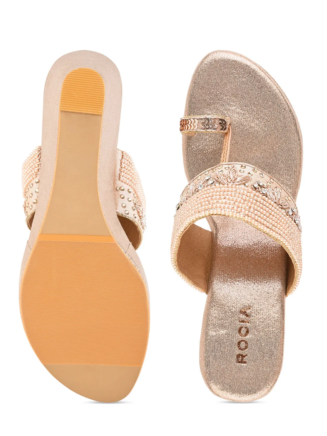 Rocia By Regal Rose Gold Women One Toe Hand Embroidered Wedges