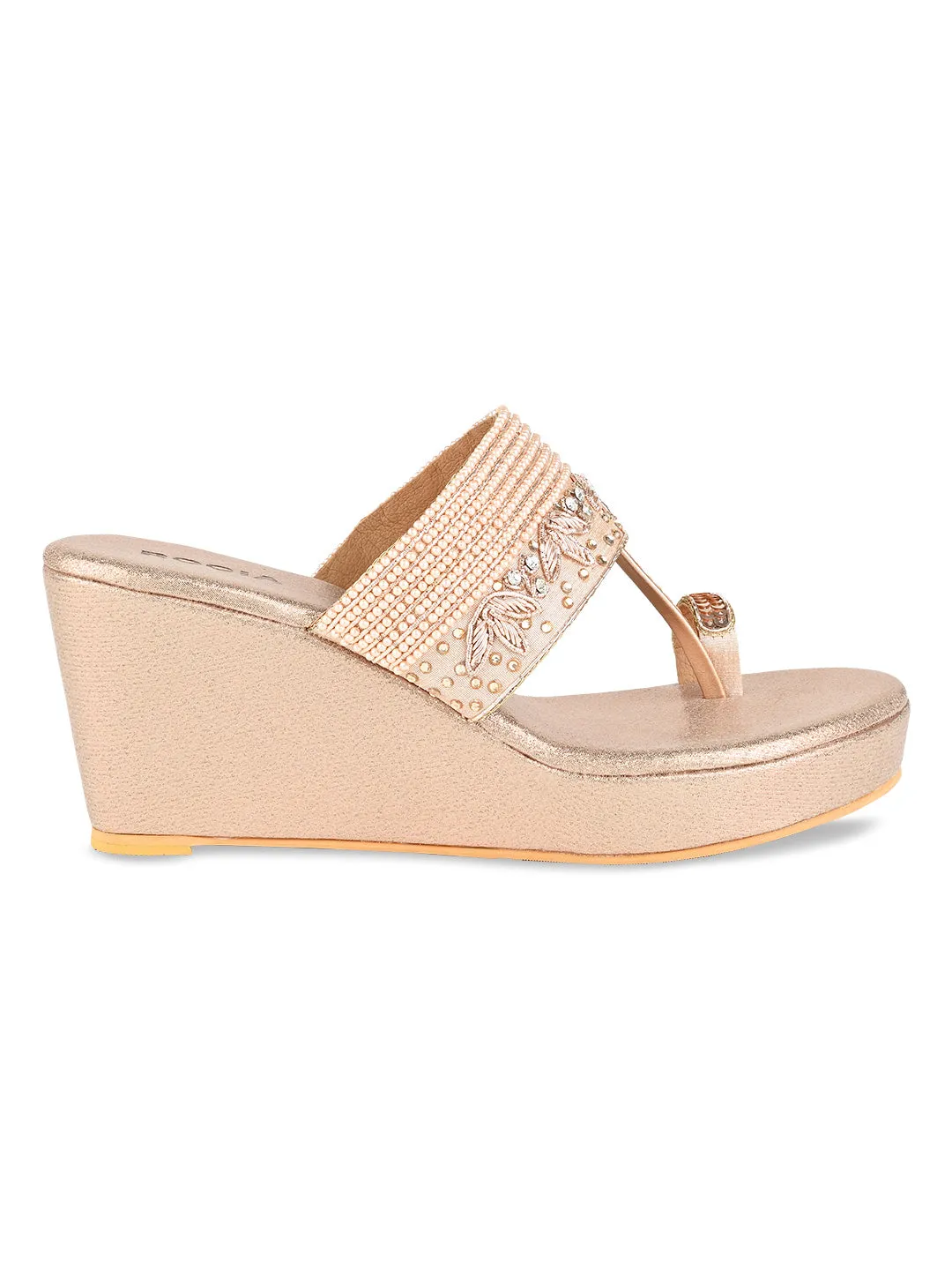 Rocia By Regal Rose Gold Women One Toe Hand Embroidered Wedges