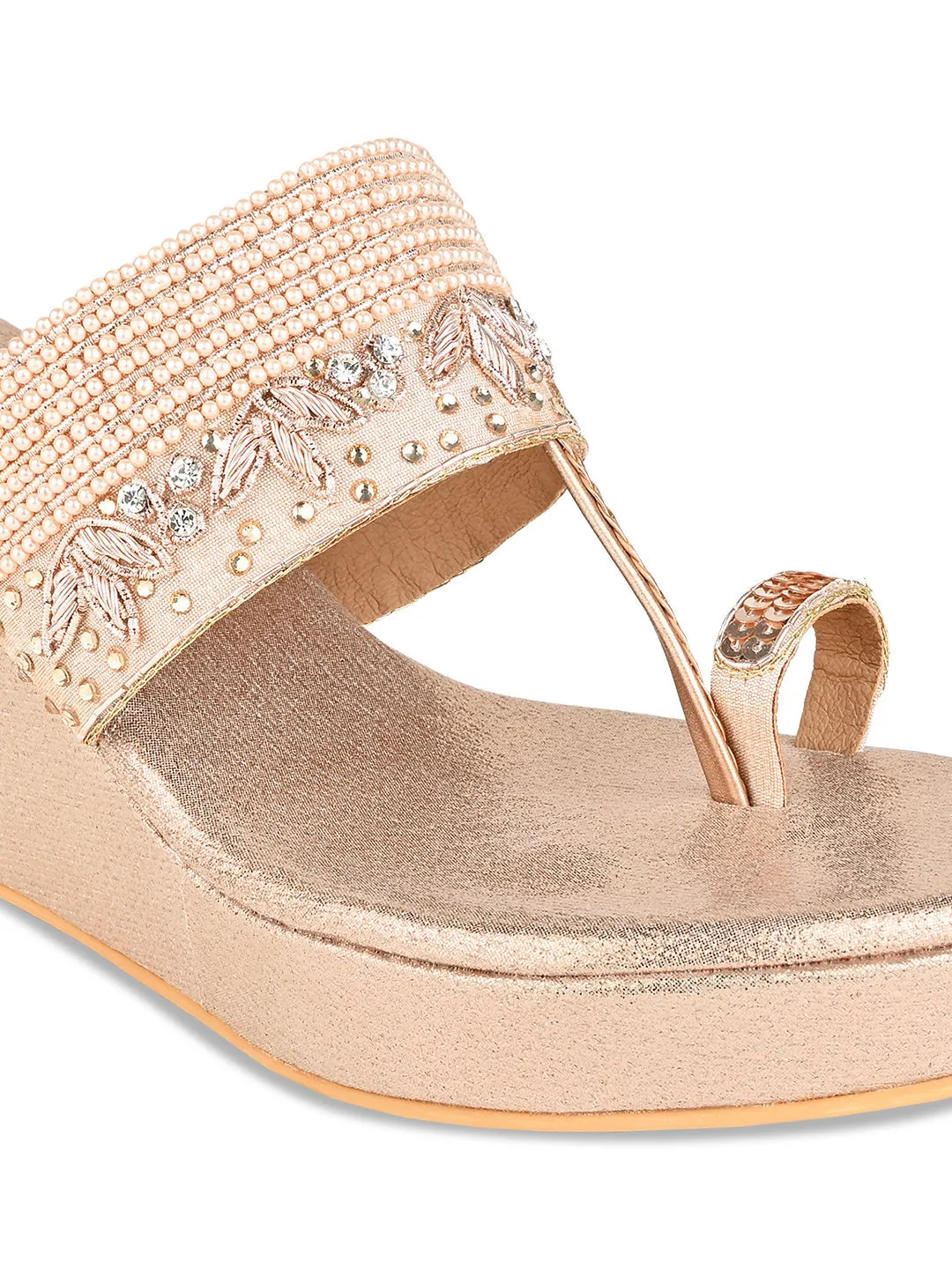 Rocia By Regal Rose Gold Women One Toe Hand Embroidered Wedges