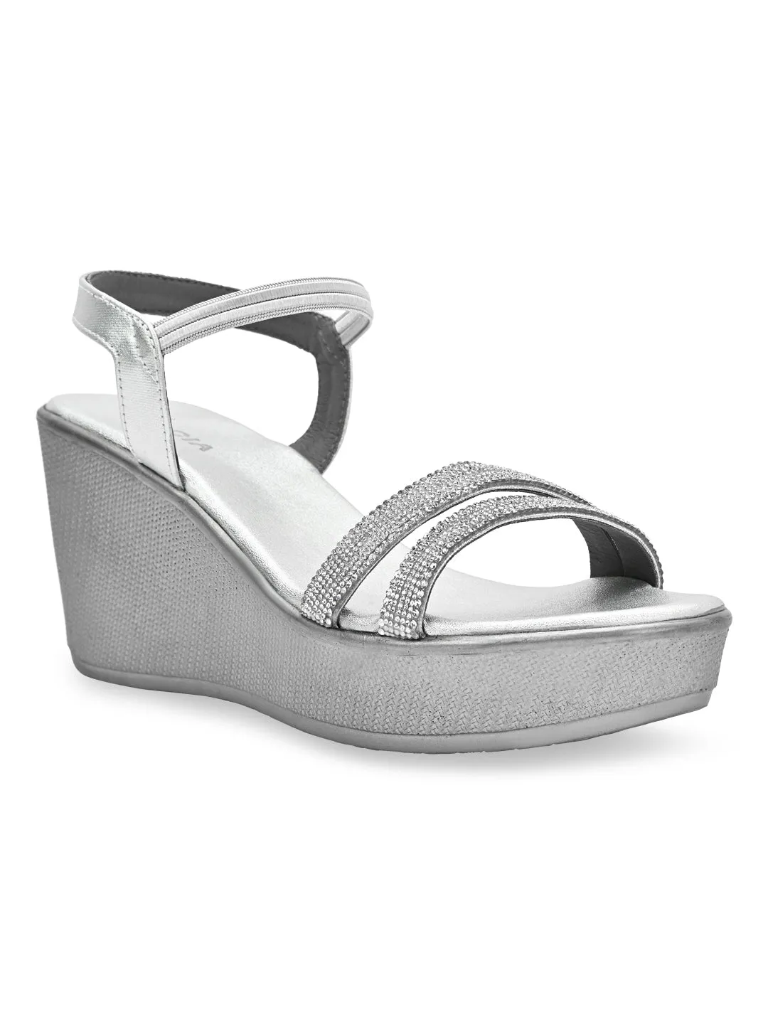 Rocia By Regal Silver Women Diamante Strap High Platforms