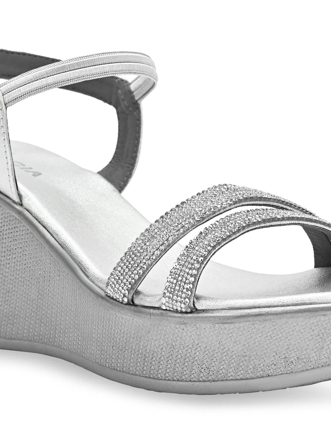Rocia By Regal Silver Women Diamante Strap High Platforms
