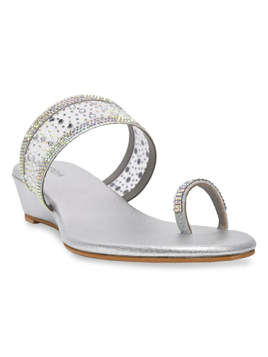 Rocia By Regal Silver Women One Toe Diamond On Vinyl Fancy Wedges
