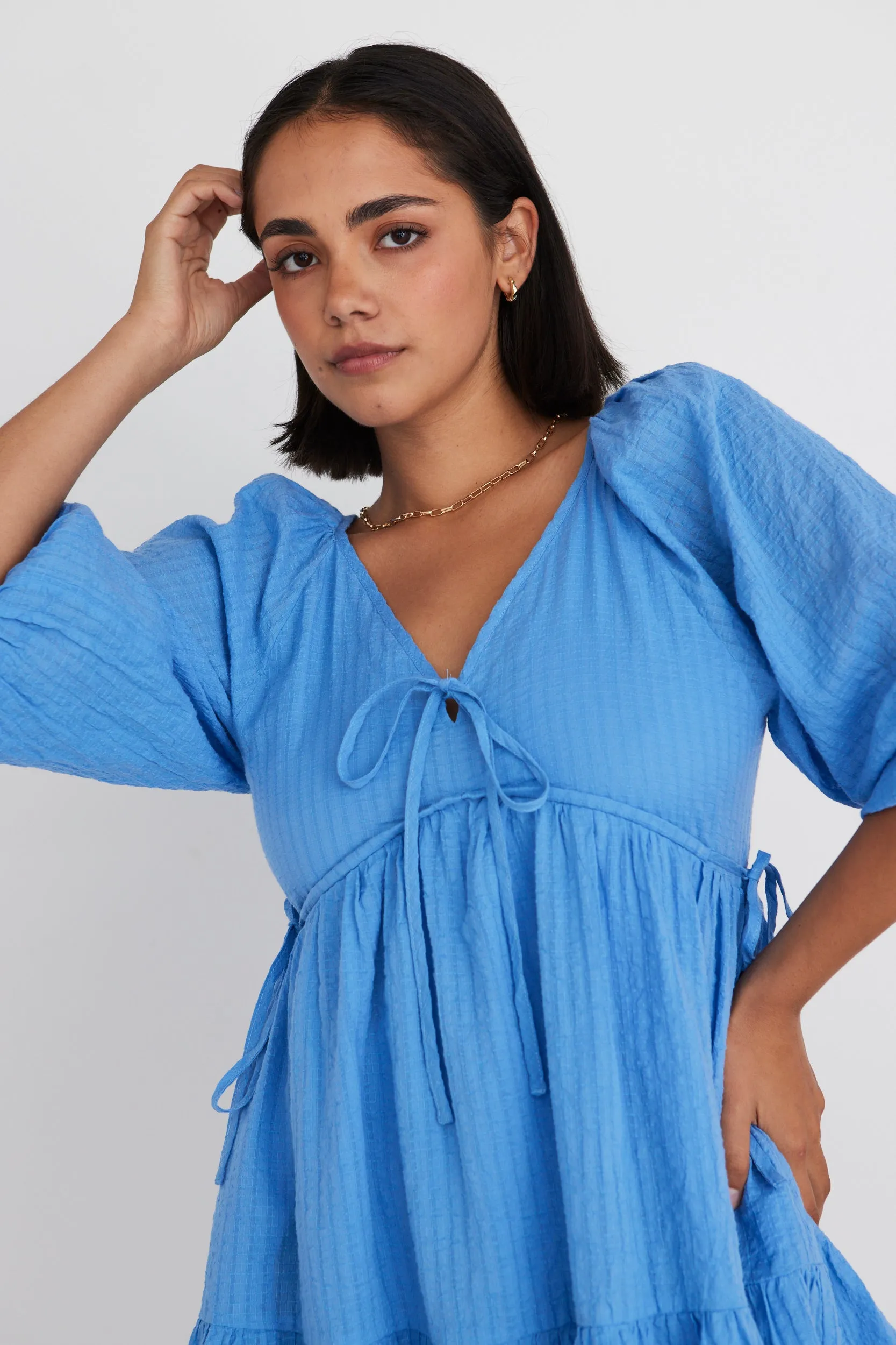 Run Free French Blue Puff SS Shirred Bodice Tiered Mini Dress