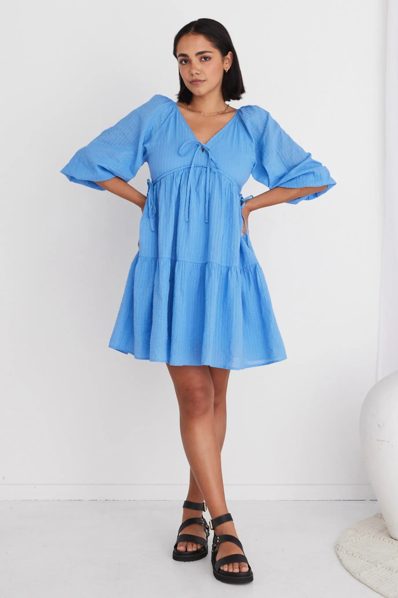 Run Free French Blue Puff SS Shirred Bodice Tiered Mini Dress