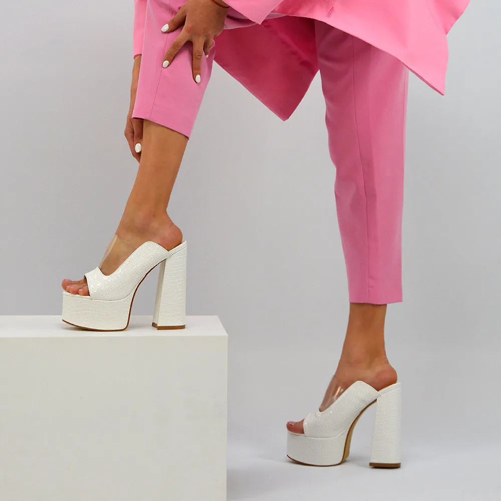 Saorise Perspex Strappy Block High Heel Platform High Heel Mules In White
