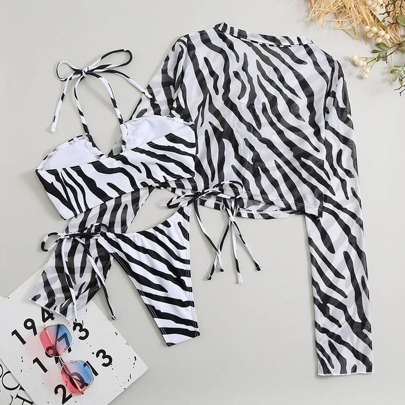 Savannah - Striped Three Piece Bikini Set With Cover-up