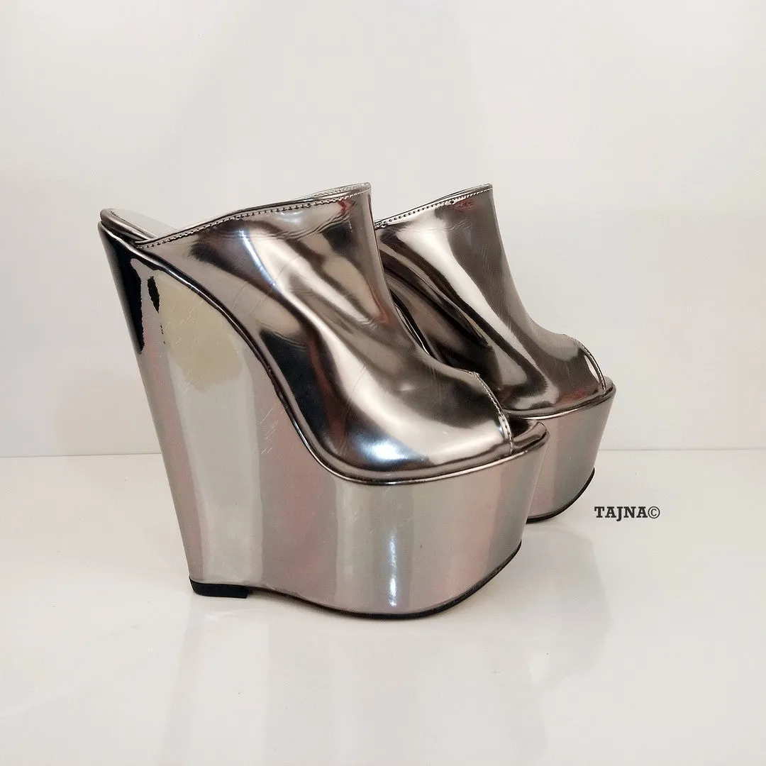 Silver Peep Toe 16 cm Heel Wedge Mules