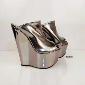 Silver Peep Toe 16 cm Heel Wedge Mules