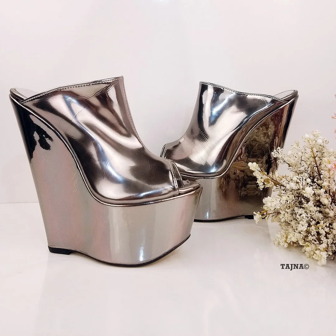Silver Peep Toe 16 cm Heel Wedge Mules