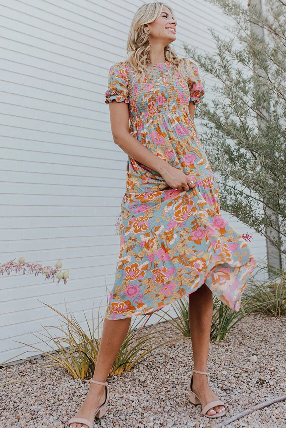 Sky Blue Floral Bubble Sleeve Smocked Flowy Ruffle Dress