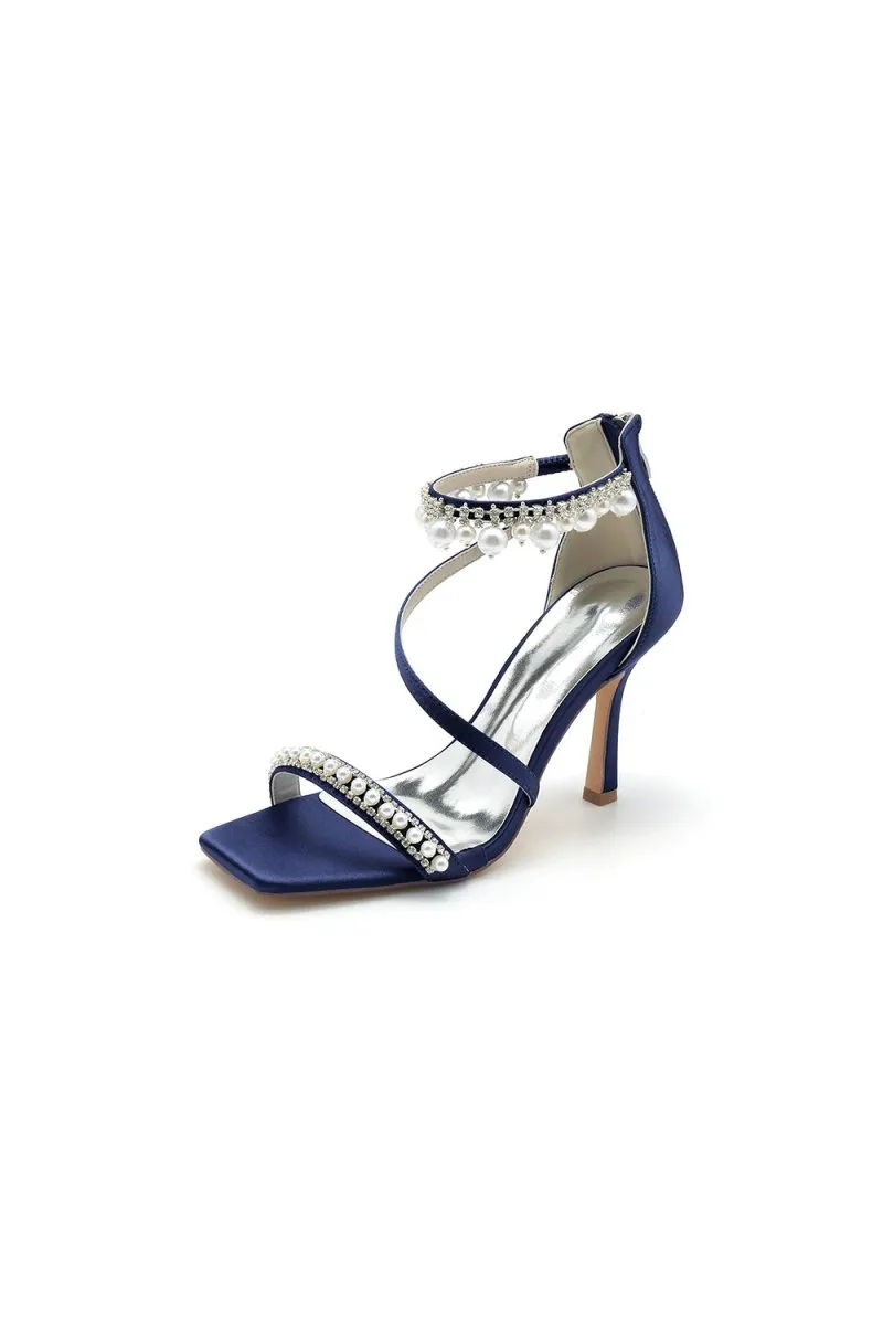 Square Open Toe Pearl Satin Stiletto Heels