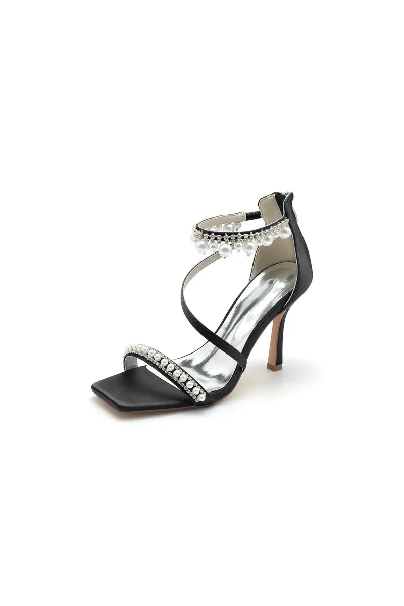 Square Open Toe Pearl Satin Stiletto Heels